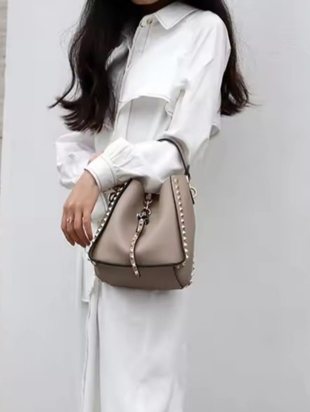 Genuine Cowhide Leather Studded Bucket Bag with Top Handle - Picture 4 of 16